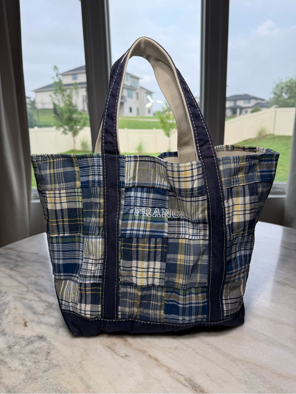 VINTAGE L.L.Bean BOAT & TOTE MEDIUM BLUE PLAID GUC 100% COTTON MADE IN USA